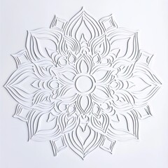Intricate white mandala design on a light background.