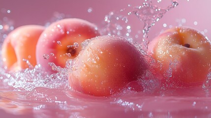 Fototapeta premium Hyper-Realistic Peach Splash: Macro Photography Magic,ピンクの背景で水が飛び散る超リアルな桃のマクロフォトの魔法.Generative AI