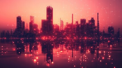 Fototapeta premium Futuristic Urban Skyline with Abstract Lights and Reflections at Dusk, Creating a Vibrant Atmosphere of a Modern Cityscape in Warm Tones