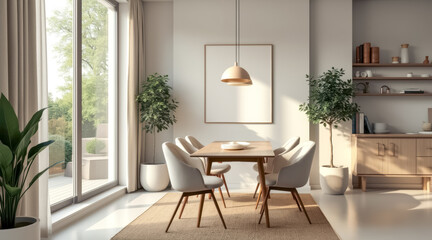 Fototapeta premium modern dining room with a wooden table light-colored chairs potted plants.