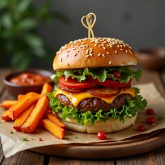 The image shows a burger on a wooden plate with a side of fries. The burger is made with a sesame seed bun and is topped with lettuce, tomato, and cheese. There is a toothpick sticking out of the bun.