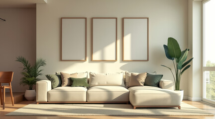 Fototapeta premium sunlit living room with beige sectional sofa green accents