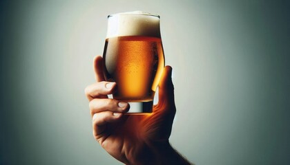 beer glass, golden amber liquid, frosty condensation, hand holding, dramatic lighting, close-up, textured background, photorealistic, high contrast, advertising aesthetic, refreshing beverage, crisp d