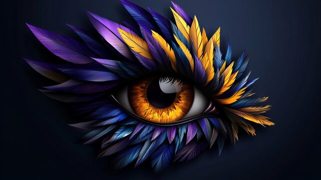 A mesmerizing digital art piece featuring an eye adorned with vibrant, multicolored feathers. The intense gaze and rich color palette create a captivating visual experience.