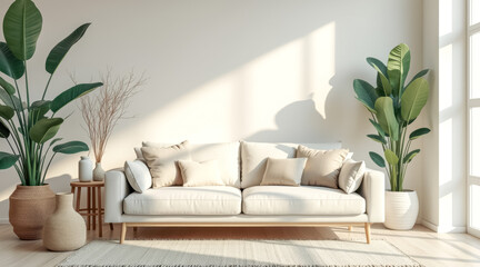 sunlit living room showcases a beige sofa with neutral-toned pillows lush potted plants.