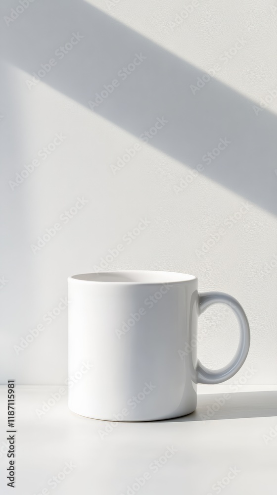 Leinwandbilder White porcelain mug standing on a white table with window light creating shadows on the background, perfect for showcasing your design or adding a touch of elegance to your project