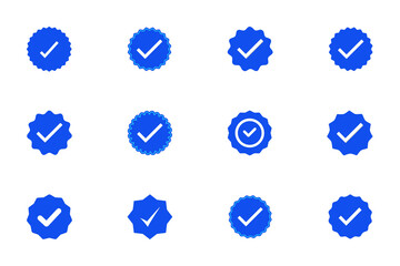 Blue badge tick mark check list icon set