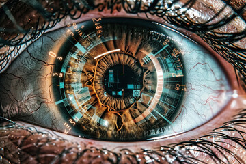 Obraz premium Close-up of cybernetic eye with glowing digital interface overlays, futuristic technology concept