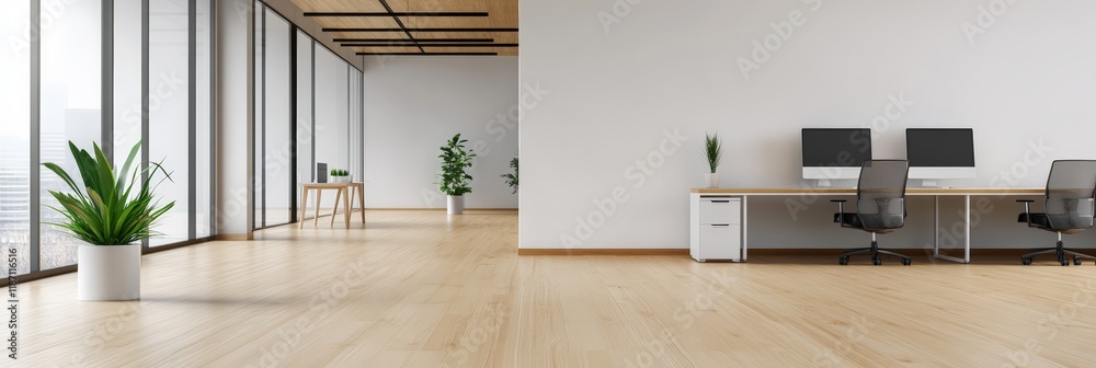Aufkleber Large modern office space with wooden floor and white walls featuring two desks with computers and a blank wall, ideal for mockup, showcasing a minimalist and professional environment