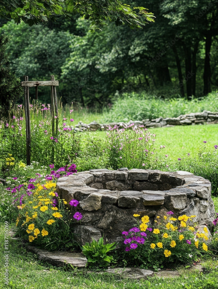 Aufkleber old stone well surrounded by colorful flowers in a lush garden setting with green trees. generative 