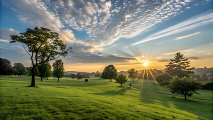 Fototapeta premium Serene Park at Golden Hour with Lush Fields and Radiant Sunlight V2