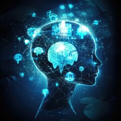 Child's profile with glowing brain, network data flow, dark background.