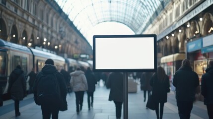 Obraz premium Blank billboard in busy train station.