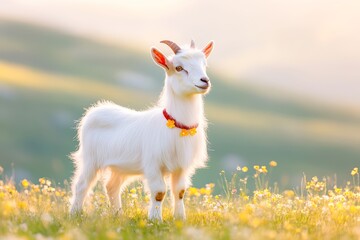 Fototapeta premium A fluffy white goat stands amidst vibrant wildflowers in a sunny meadow, showcasing its cheerful demeanor, This image can be used for agricultural themes, pet care, or nature-related projects,