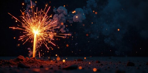 A firework exploding on a dark canvas with sparks flying upwards , explosion, darkness
