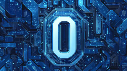 Fototapeta premium A glowing futuristic number zero embedded in a blue digital circuit board with intricate technological patterns and neon lighting effects 