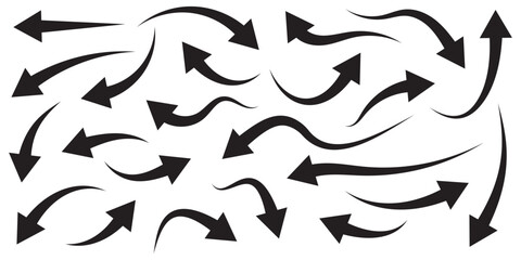 Set of curved arrows isolated on white background. Curved arrows, hand drawn curved arrows. Collection of pointers. black arrow icon on white background.  curved arrow sign. Curve arrow icon vector 