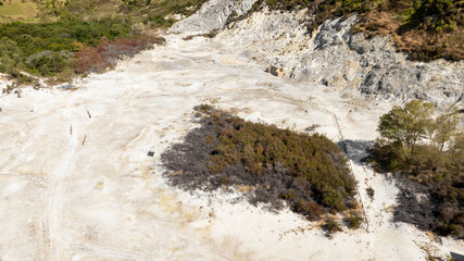 Aerial view of Solfatara in Pozzuoli, near Naples, Italy. It is a shallow volcanic crater part of...