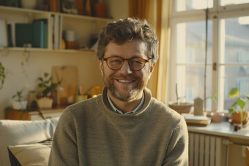 Fototapeta premium Cheerful man relaxing at home with cozy decor and bright windows