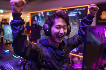 Fototapeta premium Enthusiastic gamer celebrates victory in a competitive esports tournament