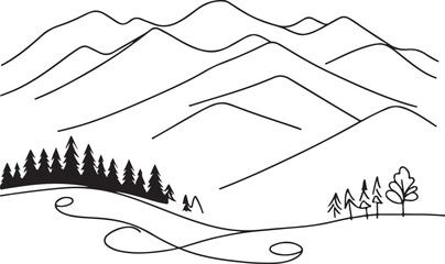 Mountain Range and Forest in Simple Line Drawing. Vector Design