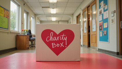 Charity box with heart symbol on red table in hallway of educational institution