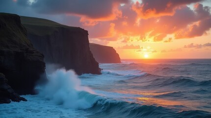 Obraz premium Dramatic Ocean Cliff Sunset with Crashing Waves