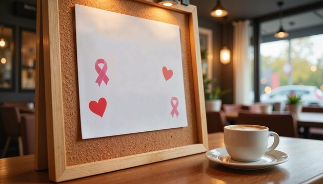 Blank poster frame with heart symbols and pink ribbons beside coffee cup in cafe