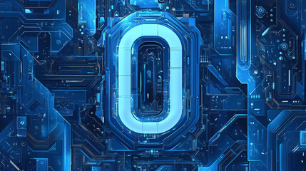 Fototapeta premium A glowing blue number zero surrounded by intricate circuit board patterns creating a futuristic and technological design 