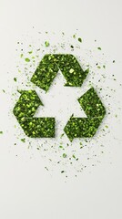 Green leaves forming a recycling symbol exploding and spreading small particles on a white background promotes waste management and environmental sustainability