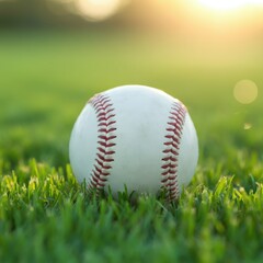 Baseball on grass, sunset backdrop, bokeh lights, golden hour, close-up, sports photography, nostalgic atmosphere, summer evening, depth of field, texture details, warm tones, outdoor scene, tranquil 
