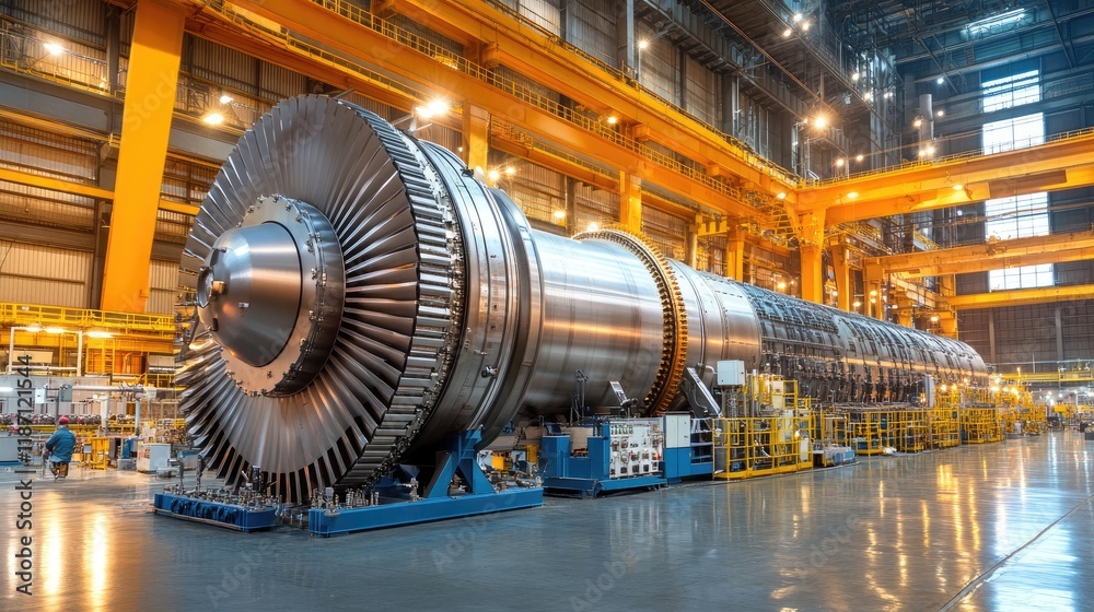 Poster massive industrial turbine engine in factory setting