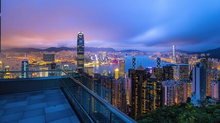 Hong Kong Skyline Night View From Elevated Vantage Point