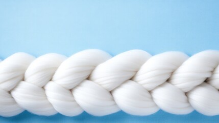 A close-up of a neatly braided white rope against a soft blue background, ideal for use in design projects, textiles, or as a background element in branding and marketing materials,
