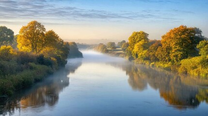 Autumn River Mist Golden Trees Peaceful Scene