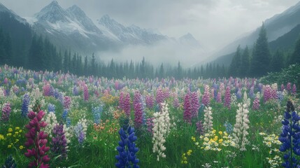 Vibrant Wildflower Meadow Before Misty Mountain Range