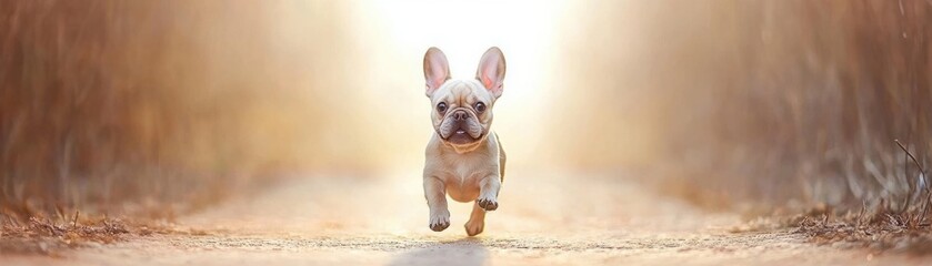 Fototapeta premium Charming French Bulldog Joyfully Running Down a Sunlit Pathway Surrounded by Warm Light and Nature, Capturing the Essence of Playfulness and Vitality in Outdoor Settings