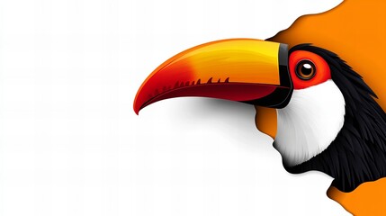 Fototapeta premium Vibrant toucan peeking through an orange and white background. A playful and colorful illustration.
