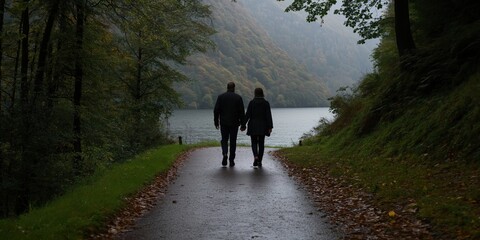 A couple enjoys a romantic walk hand-in-hand along a tranquil lake path, symbolizing love and companionship in harmony with nature and beautiful surroundings.