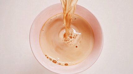 A close-up view of rich tea being poured into a pink cup capturing the smooth flow and warm creamy texture in a minimalist setting
