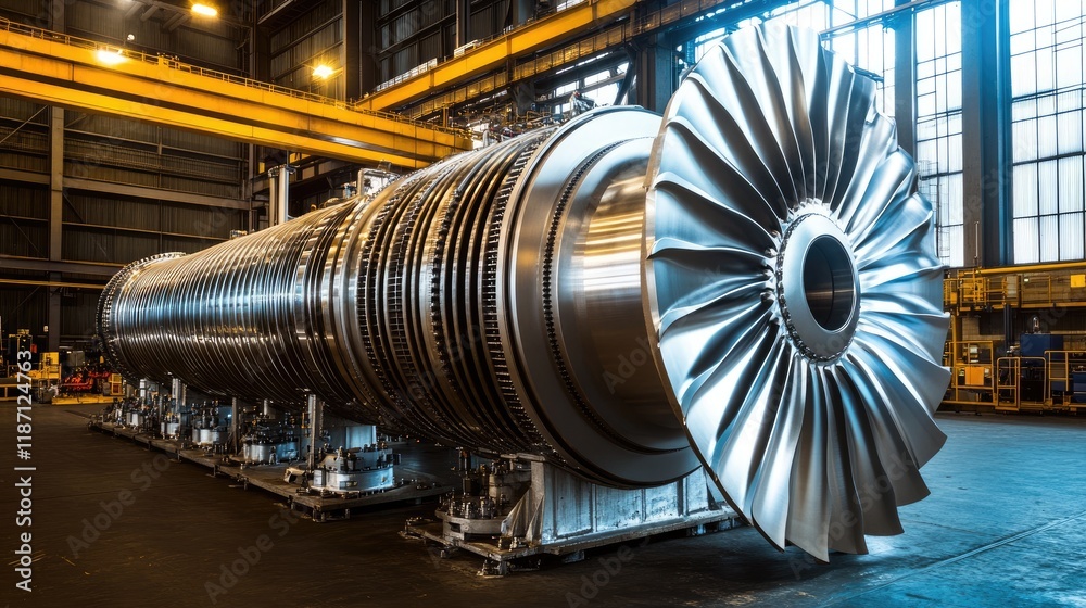Poster large industrial turbine rotor assembly in a factory setting