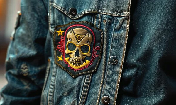 Denim jacket with embroidered skull patch detail
