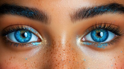 Close-up of blue eyes with glitter makeup and freckles.