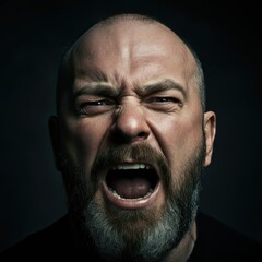 Obraz premium Intense close-up portrait, mature man screaming, dramatic lighting, dark background, high contrast, detailed facial features, strong emotion, beard stubble, veins visible, ultra-realistic, extreme det