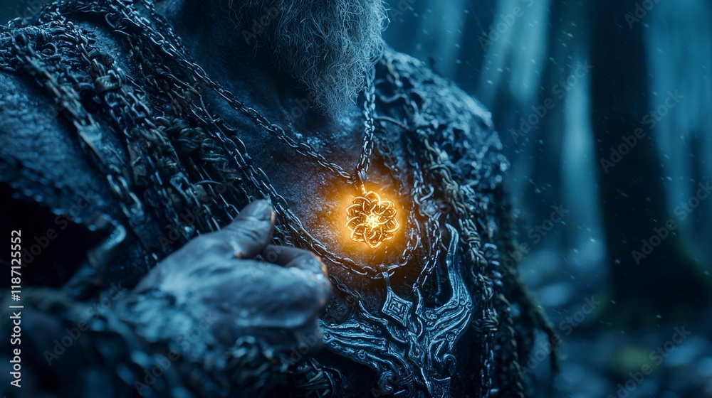 Poster enigmatic glow of a talisman enchanted forest fantasy element mystical atmosphere close-up perspecti