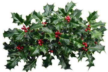 Christmas Holly Cluster with Bright Red Berries and Green Leaves Isolated PNG, transparent background,