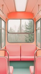 Fototapeta premium A cozy, pink interior of a bus with a view of trees through the windows, creating a calm and inviting atmosphere.