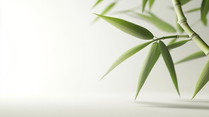 Fototapeta premium Serene Bamboo Branch with Lush Green Leaves Against a White Background