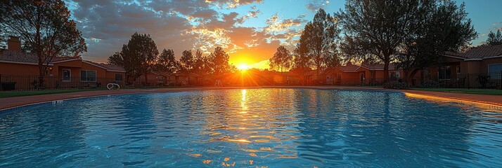 Sunset Glow Over Apartment Complex Swimming Pool