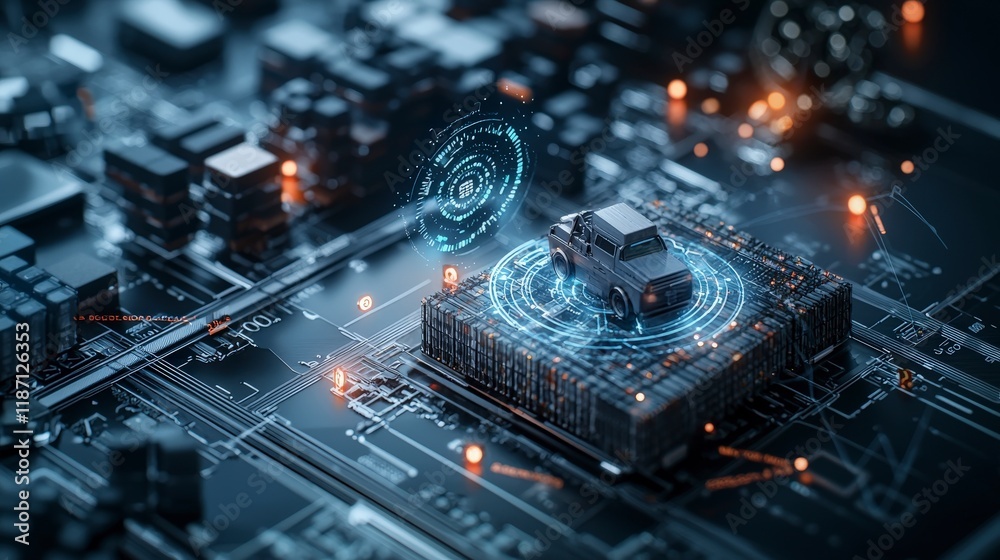 Poster cargo tracking software closeup digital interface technology hub futuristic environment high-tech vi